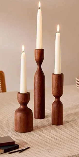 Nescamuse Doğal Ahşap Ceviz 3’lü Şamdan Mumluk Seti (18–14–10 cm)